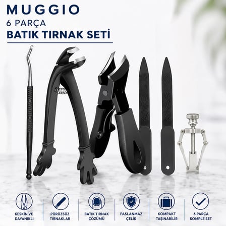 Muggio 6 Parça Batık Tırnak Seti - Batık Tırnak Makası, Pensi, Düzeltici ve Törpü