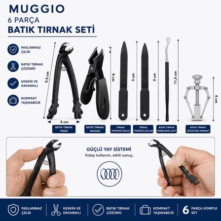 Muggio 6 Parça Batık Tırnak Seti - Batık Tırnak Makası, Pensi, Düzeltici ve Törpü