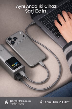 100W Ultra Hızlı Şarj Powerbank 20000 mAh PD 3.0 TFT Ekranlı Dahili Type-C Kablolu Gri