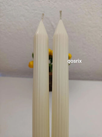 qosrix 2'li Açık Krem Şamdan Soya Mumu 1. Kalite Soya Doğal Pudra Kokulu Uzun Çubuk Konik Mum Dekoratif