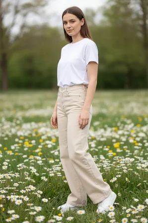 Nova Kadın Yüksek Bel Krem Salaş Jeans Wide Leg Geniş Paça Palazzo Kot Pantolon