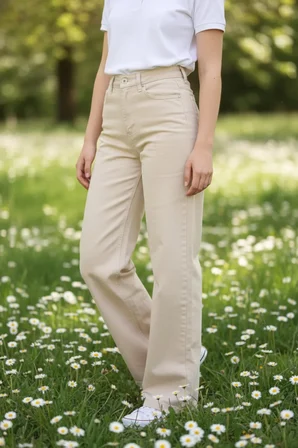 Nova Kadın Yüksek Bel Krem Salaş Jeans Wide Leg Geniş Paça Palazzo Kot Pantolon