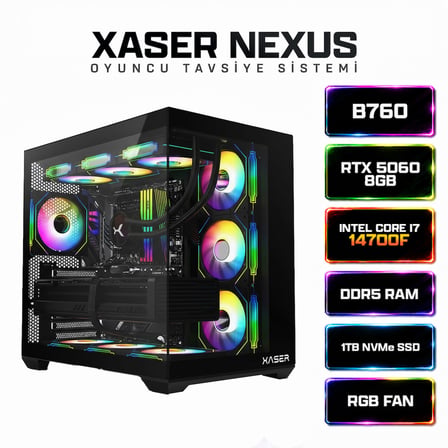 Xaser Nexus X30 i7 14700F 16GB DDR5 Ram 1TB M.2 NVMe SSD 8GB RTX5060 Sıvı Soğutmalı Oyuncu Bilgisayar