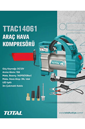 Total Araç Hava Kompresörü Led Işıklı Çakmaklı Kablo - TTAC14061
