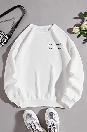 Oversize Kalıp Be Cool Be Kind Tasarımlı Unisex Bisikletyaka Sweatshirt