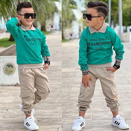 MODAVALS GÖMLEK YAKA SWEATSHIRT VE GABARDİN KARGO PANTOLON ERKEK ÇOCUK KOMBİN