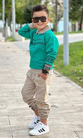 MODAVALS GÖMLEK YAKA SWEATSHIRT VE GABARDİN KARGO PANTOLON ERKEK ÇOCUK KOMBİN
