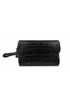 Unisex Hakiki Kroko Desenli Çok Bölmeli Bilek Askılı El Çantası