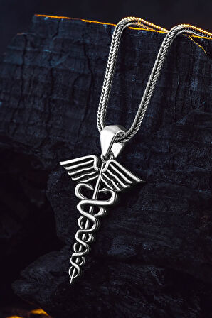 925 Ayar Gümüş Tıp Sembolü Kadüse Kolye Sağlık ve Şifa Temalı Erkek Kolye