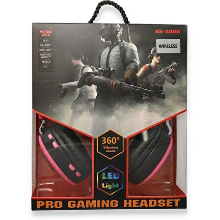 KR-3000 Pubg Pro Game Led Işıklı Mikrofonlu Bluetooth Kulak Üstü Kulaklık Pembe