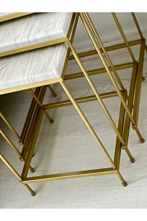 Brad Gold Metal Eskitme Beyaz Kaplama Zigon Sehpa
