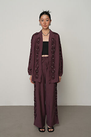 Kadın Şerit Gül ve Taş Detaylı Düz Oversize Kimono