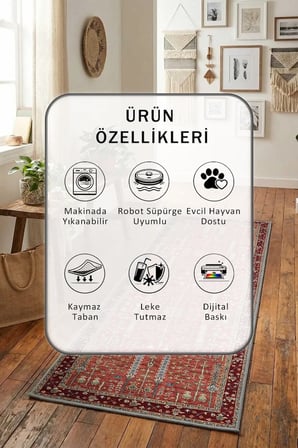Yıkanabilir Kaymaz A-28 Dijital Baskılı Yolluk Halı Tüy Tutmaz Bordo
