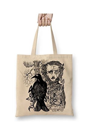 Edgar Allan Poe Beyaz Bez Çanta Uzun Saplı Alışveriş Çantası Plaj Çantası