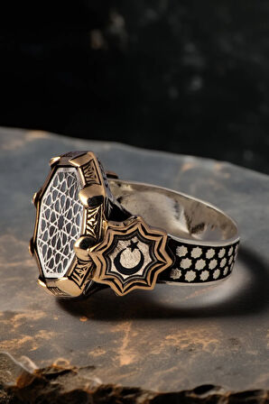 Erkek Siyah Mineli Kalkan Motifli Yanı Ay Yıldız Türk Bayrağı İşlemeli 925 Ayar Gümüş Yüzük