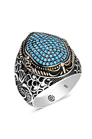 Faraba Turkuaz Zirkon Taşlı Yanı Vav Özel Seri Erkek Gümüş Yüzük