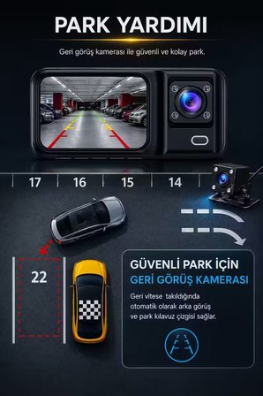 3 Kameralı Araç İçi Kamera Full HD 1080P Ön Arka İç Kamera IR Gece Görüşlü Dashcam