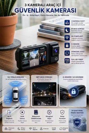 3 Kameralı Araç İçi Kamera Full HD 1080P Ön Arka İç Kamera IR Gece Görüşlü Dashcam