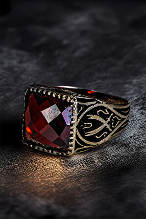 Erkek Yakut Taşlı Yanı Çift Zülfikar Kılıcı İşlemeli 925 Ayar Gümüş Yüzük