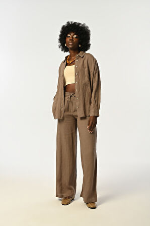 KADIN VİZON RENGİ TEK CEPLİ OVERSİZE KESİM GÖMLEK