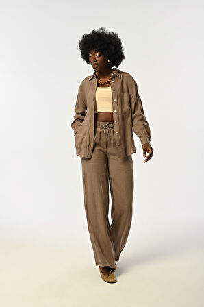 KADIN VİZON RENGİ TEK CEPLİ OVERSİZE KESİM GÖMLEK