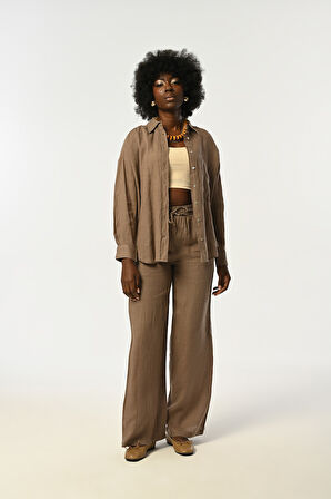 KADIN VİZON RENGİ TEK CEPLİ OVERSİZE KESİM GÖMLEK