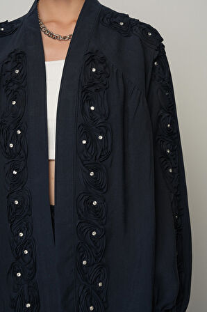 Kadın Şerit Gül ve Taş Detaylı Düz Oversize Kimono