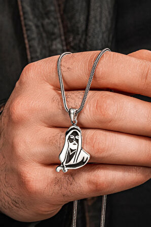 925 Ayar Gümüş Siyah Hz. Ali Motifli Zülfikar Kılıcı Tasarımlı Tilki Kuyruğu Kolye