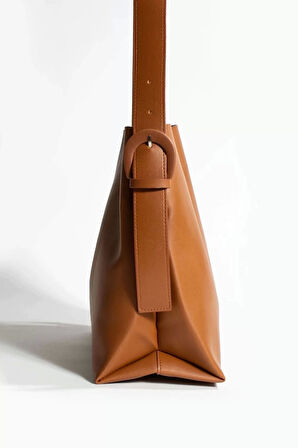 Nastroy Büyük Boy Kemer Detaylı Çıt Çıt Kapamalı Shopper Taba Cilt Trend Kadın Omuz Çantası