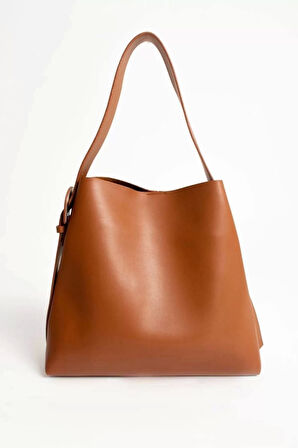 Nastroy Büyük Boy Kemer Detaylı Çıt Çıt Kapamalı Shopper Taba Cilt Trend Kadın Omuz Çantası