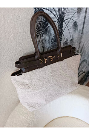 Hitit Kahve-Peluş Kemer Detaylı Fermuar Kapama Kadın Omuz Çantası