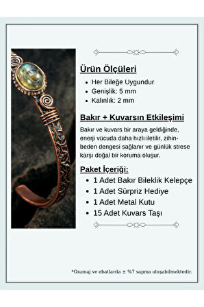 Bakır Kelepçe Bilezik Labradorit Doğal Taş Erkek Kadın Kuvars Taşı ve Metal Kutulu