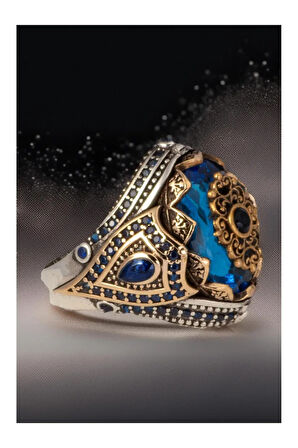 Erkek Mavi Topaz Taşlı Kalem İşlemeli Zirkon Taşlı 925 Ayar Gümüş Yüzük