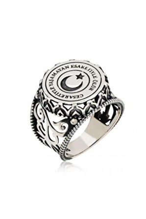 Erkek Gümüş Yüzük - Ay Yıldız İşlemeli 925 Ayar Gümüş Erkek Yüzük