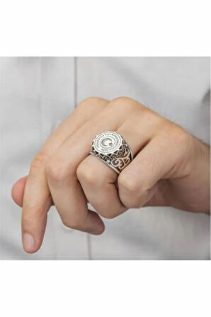 Erkek Gümüş Yüzük - Ay Yıldız İşlemeli 925 Ayar Gümüş Erkek Yüzük