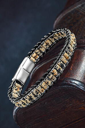 Erkek Kadın Jasper Ve Beyaz Hematit Taşı Deri Kordon Doğal Taş Bileklik