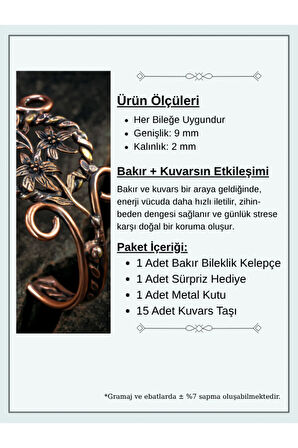 Nergiz Çiçeği Bakır Bileklik Pirinç Detaylı Erkek Kadın Kuvars Taşlı Metal Kutu