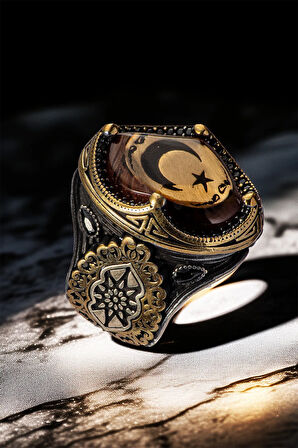 Erkek Sıkma Kehribar Taşlı Ay Yıldız İşlemeli Gümüş Yüzük
