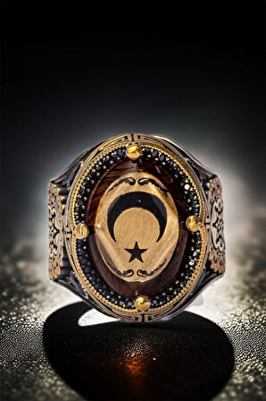 Erkek Sıkma Kehribar Taşlı Ay Yıldız İşlemeli Gümüş Yüzük