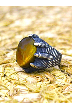 Erkek Gümüş Yüzük - 925 Ayar Gümüş Oval Pençe Model Kaplan Gözü Taşlı Yüzük