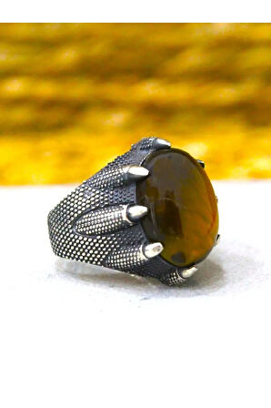 Erkek Gümüş Yüzük - 925 Ayar Gümüş Oval Pençe Model Kaplan Gözü Taşlı Yüzük