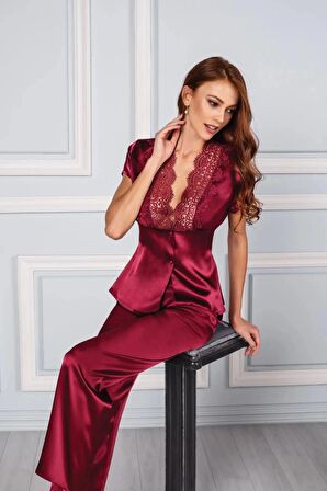 Pierre Cardin 6'lı Saten Gecelik Sabahlık Takım Çeyiz Seti 6325 - Bordo