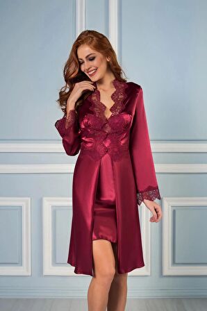 Pierre Cardin 6'lı Saten Gecelik Sabahlık Takım Çeyiz Seti 6335 - Bordo