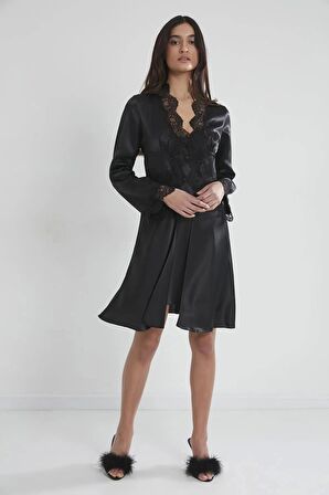 Pierre Cardin 6'lı Saten Gecelik Sabahlık Takım Çeyiz Seti 6335 - Siyah