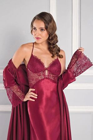 Pierre Cardin 6'lı Saten Gecelik Sabahlık Takım Çeyiz Seti 6620 - Bordo