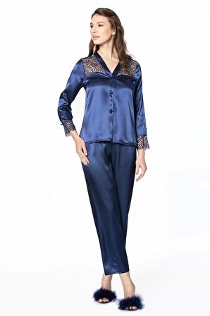 Pierre Cardin 6'lı Saten Gecelik Sabahlık Takım Çeyiz Seti 6625 - Lacivert