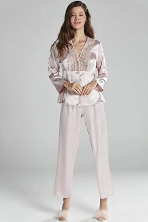 Pierre Cardin 6'lı Saten Gecelik Sabahlık Takım Çeyiz Seti 6955 - Pudra