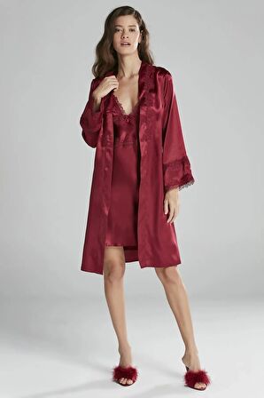 Pierre Cardin 6'lı Saten Gecelik Sabahlık Takım Çeyiz Seti 6965 - Bordo