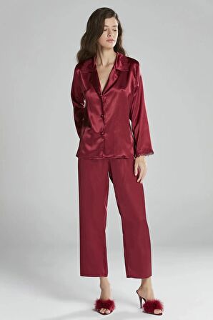 Pierre Cardin 6'lı Saten Gecelik Sabahlık Takım Çeyiz Seti 6965 - Bordo