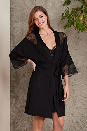 Pierre Cardin Penye Dantelli Gecelik ve Sabahlık Takımı 4010 - Siyah